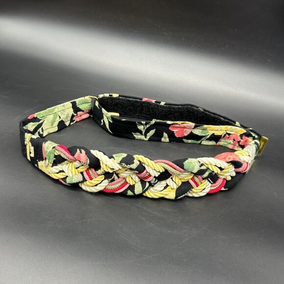 Vintage Braided Belt Floral Black Pink 1980s Adjustable Hook Loop Retro Fabric - Picture 1 of 7